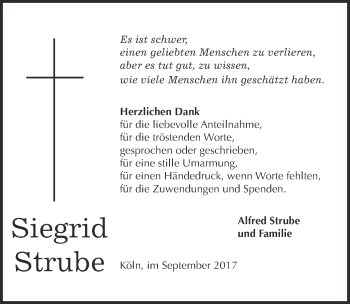 Anzeige von Siegrid Strube von  Kölner Wochenspiegel 