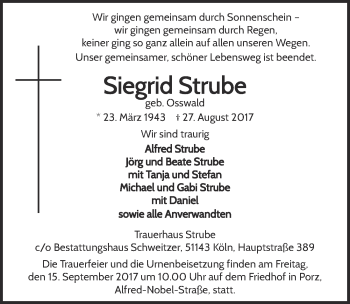 Anzeige von Siegrid Strube von  Kölner Wochenspiegel 