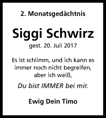 Anzeige von Siggi Schwirz von Kölner Stadt-Anzeiger / Kölnische Rundschau / Express