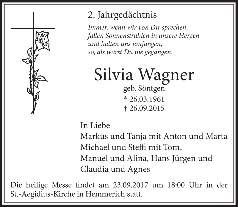  Traueranzeige für Silvia Wagner vom 20.09.2017 aus  Schlossbote/Werbekurier 