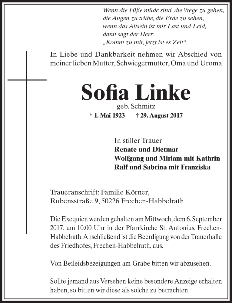  Traueranzeige für Sofia Linke vom 02.09.2017 aus  Sonntags-Post 