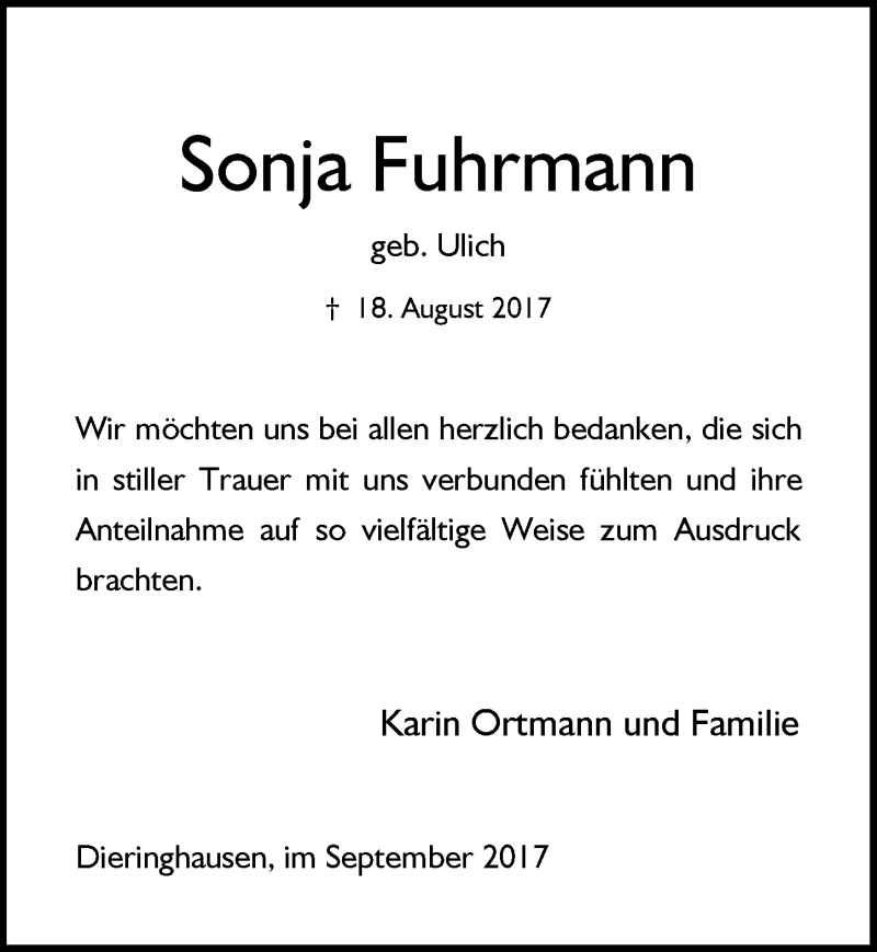  Traueranzeige für Sonja Fuhrmann vom 27.09.2017 aus  Anzeigen Echo 