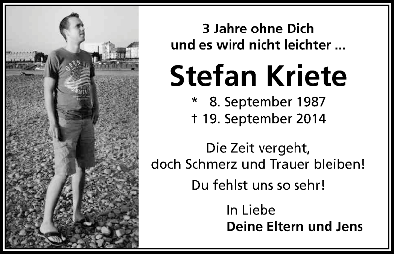  Traueranzeige für Stefan Kriete vom 19.09.2017 aus Kölner Stadt-Anzeiger / Kölnische Rundschau / Express