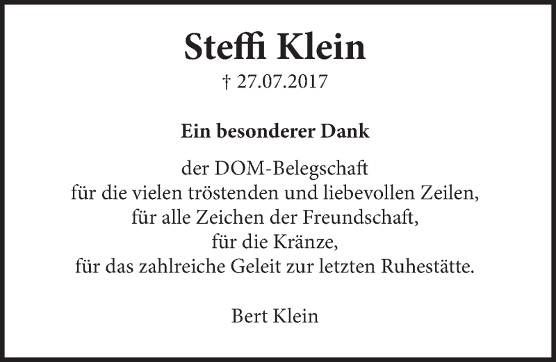  Traueranzeige für Steffi Klein vom 06.09.2017 aus  Schlossbote/Werbekurier 