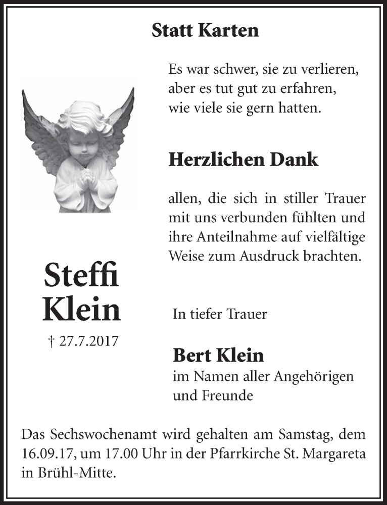  Traueranzeige für Steffi Klein vom 06.09.2017 aus  Schlossbote/Werbekurier 