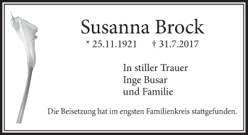 Anzeige von Susanna Brock von  Schlossbote/Werbekurier 