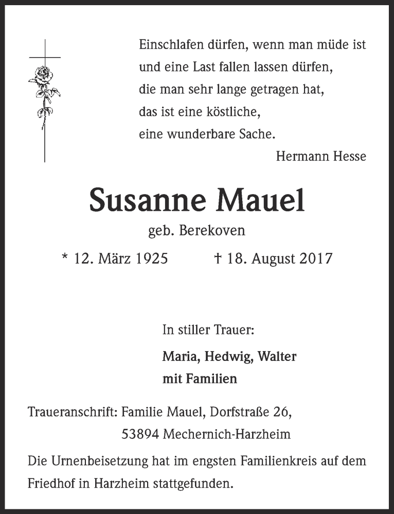  Traueranzeige für Susanne Mauel vom 02.09.2017 aus  Blickpunkt Euskirchen 