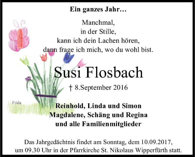  Traueranzeige für Susi Flosbach vom 09.09.2017 aus Kölner Stadt-Anzeiger / Kölnische Rundschau / Express