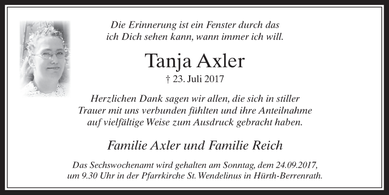  Traueranzeige für Tanja Axler vom 06.09.2017 aus  Wochenende 