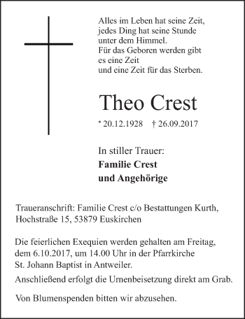 Anzeige von Theo Crest von  Blickpunkt Euskirchen 