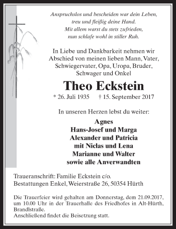 Anzeige von Theo Eckstein von  Wochenende 