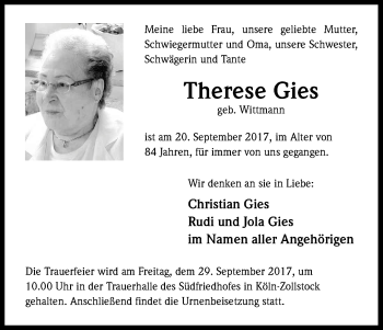 Anzeige von Therese Gies von Kölner Stadt-Anzeiger / Kölnische Rundschau / Express