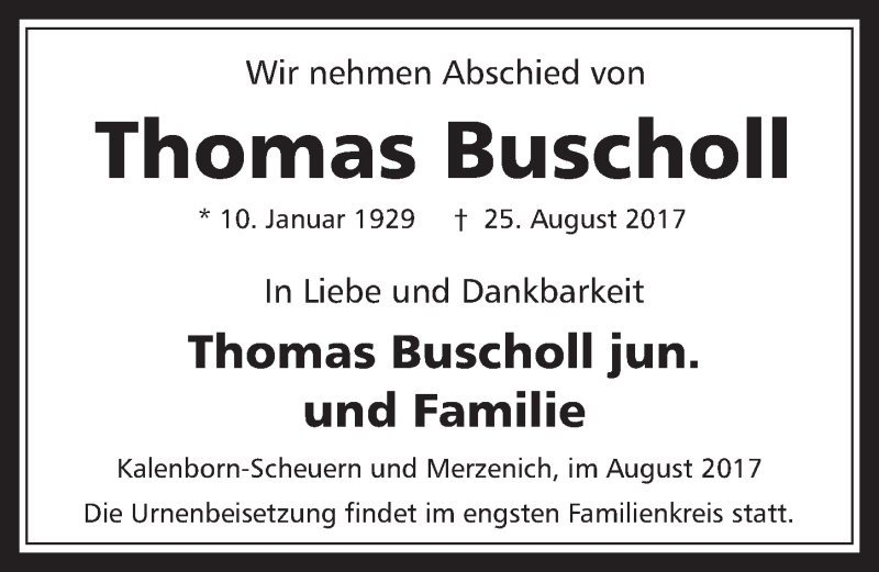  Traueranzeige für Thomas Buscholl vom 06.09.2017 aus  Werbepost 
