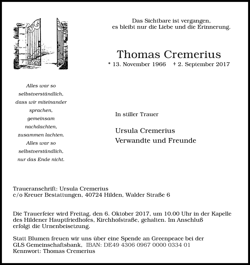  Traueranzeige für Thomas Cremerius vom 23.09.2017 aus Kölner Stadt-Anzeiger / Kölnische Rundschau / Express