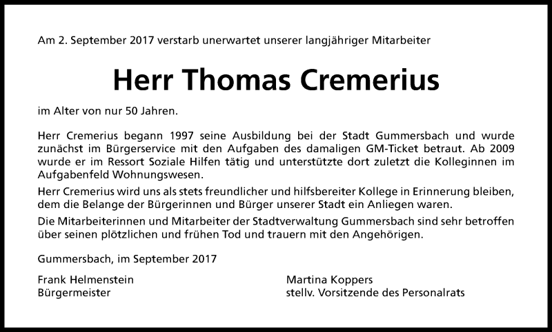  Traueranzeige für Thomas Cremerius vom 23.09.2017 aus Kölner Stadt-Anzeiger / Kölnische Rundschau / Express