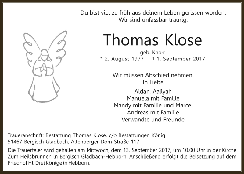  Traueranzeige für Thomas Klose vom 09.09.2017 aus  Bergisches Sonntagsblatt 