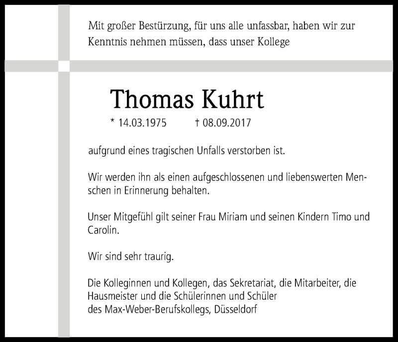  Traueranzeige für Thomas Kuhrt vom 12.09.2017 aus Kölner Stadt-Anzeiger / Kölnische Rundschau / Express