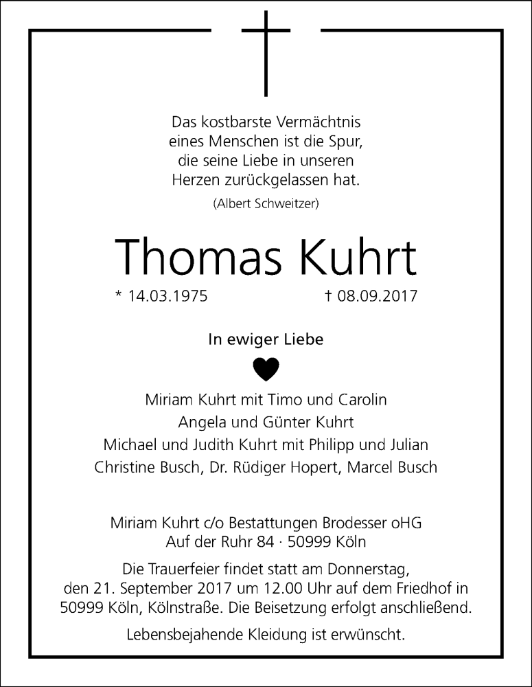  Traueranzeige für Thomas Kuhrt vom 16.09.2017 aus Kölner Stadt-Anzeiger / Kölnische Rundschau / Express