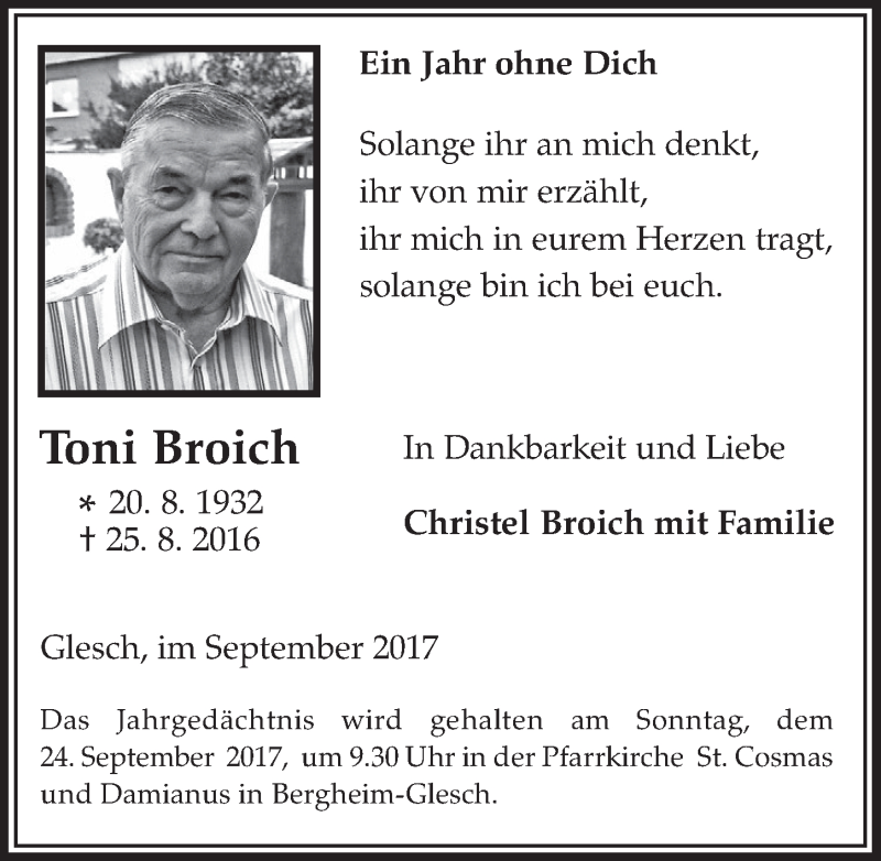  Traueranzeige für Toni Broich vom 20.09.2017 aus  Werbepost 