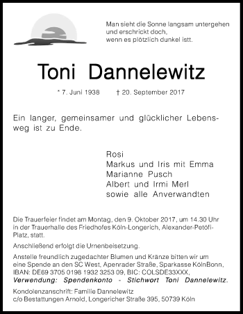 Anzeige von Toni Dannelewitz von Kölner Stadt-Anzeiger / Kölnische Rundschau / Express