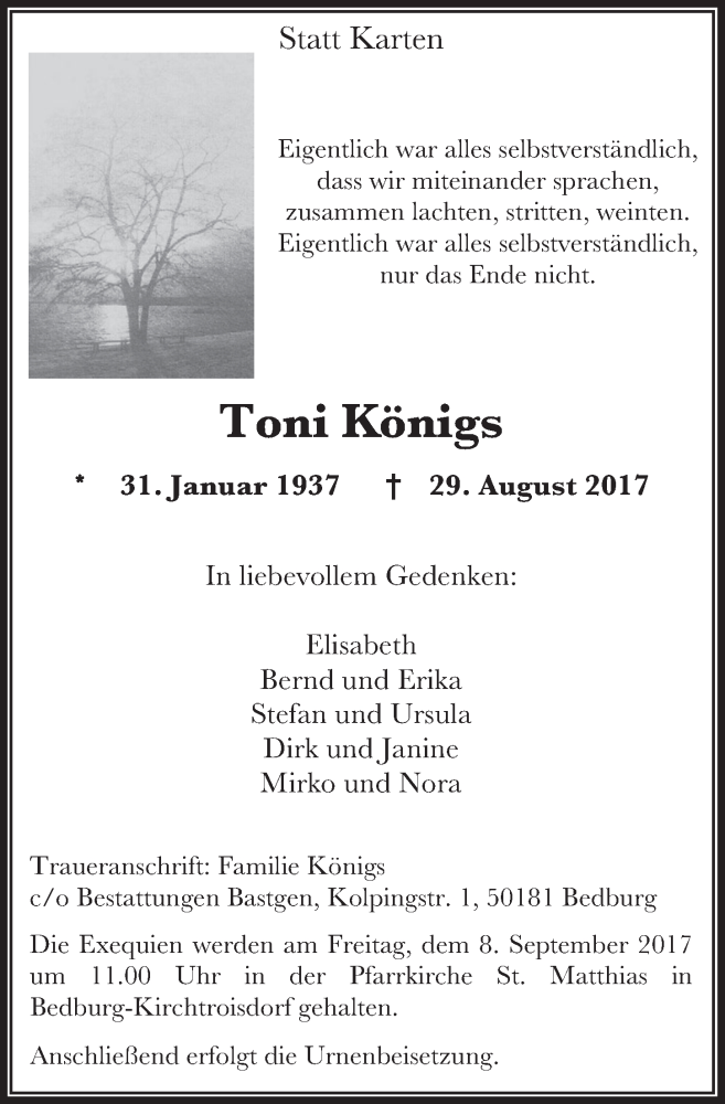  Traueranzeige für Toni Königs vom 06.09.2017 aus  Werbepost 