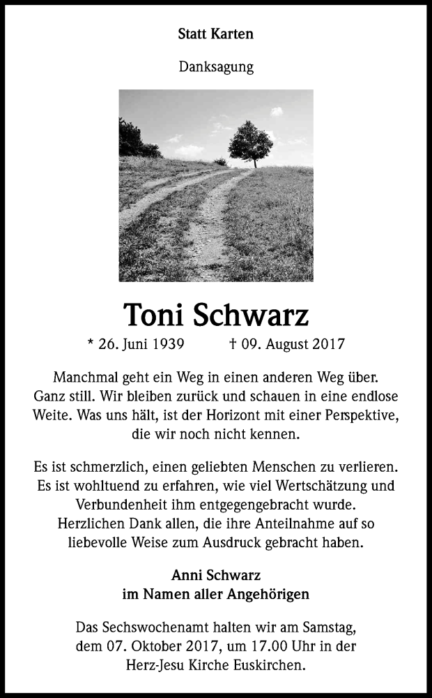  Traueranzeige für Toni Schwarz vom 30.09.2017 aus Kölner Stadt-Anzeiger / Kölnische Rundschau / Express