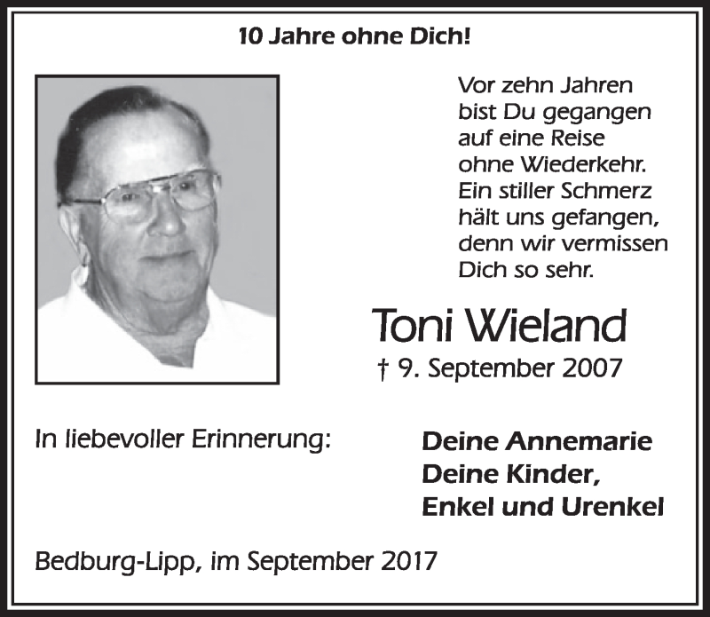  Traueranzeige für Toni Wieland vom 09.09.2017 aus  Sonntags-Post 