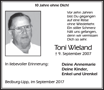 Anzeige von Toni Wieland von  Sonntags-Post 