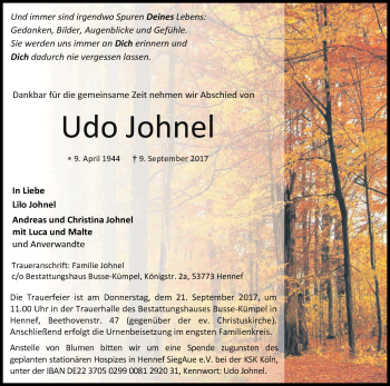 Anzeige von Udo Johnel von Kölner Stadt-Anzeiger / Kölnische Rundschau / Express