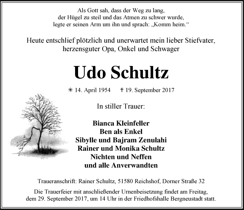  Traueranzeige für Udo Schultz vom 27.09.2017 aus  Anzeigen Echo 