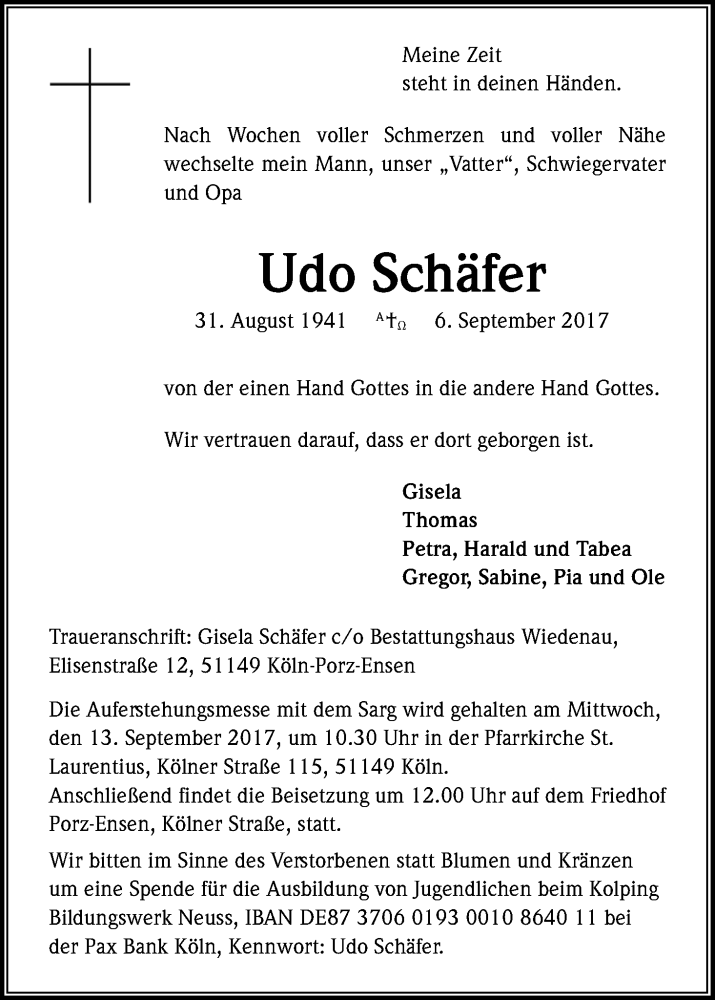  Traueranzeige für Udo Schäfer vom 09.09.2017 aus Kölner Stadt-Anzeiger / Kölnische Rundschau / Express