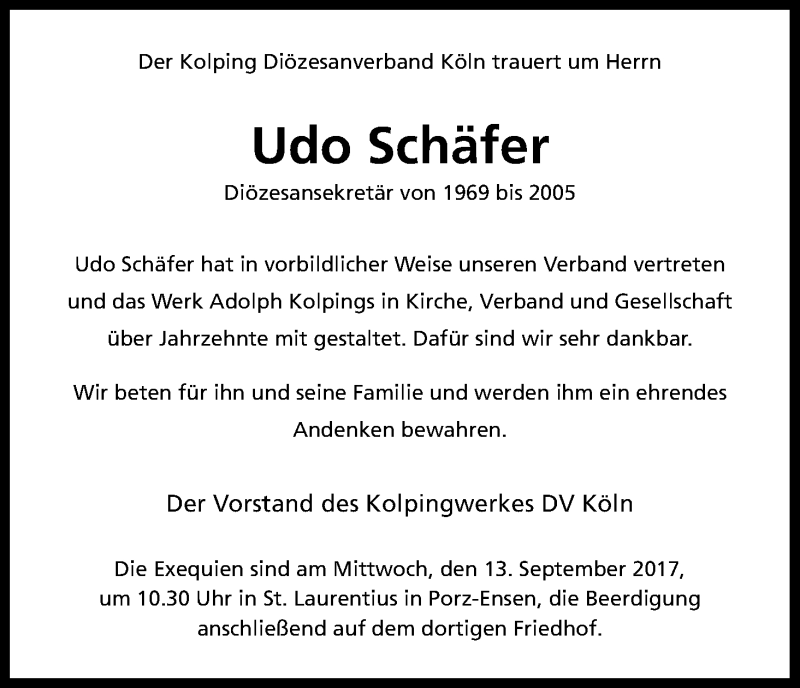  Traueranzeige für Udo Schäfer vom 13.09.2017 aus Kölner Stadt-Anzeiger / Kölnische Rundschau / Express