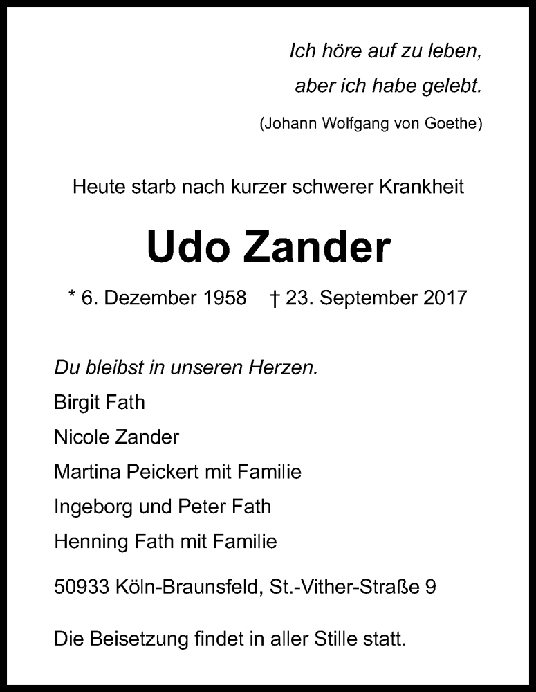  Traueranzeige für Udo Zander vom 30.09.2017 aus Kölner Stadt-Anzeiger / Kölnische Rundschau / Express