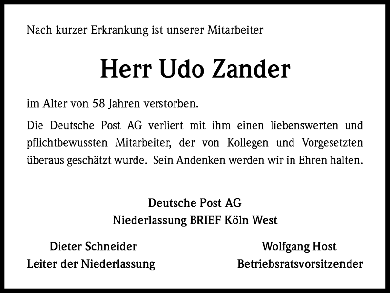  Traueranzeige für Udo Zander vom 30.09.2017 aus Kölner Stadt-Anzeiger / Kölnische Rundschau / Express