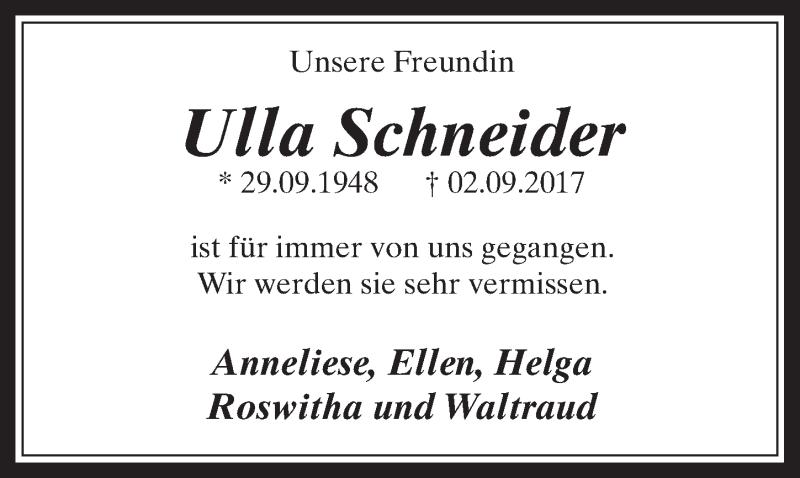  Traueranzeige für Ulla Schneider vom 13.09.2017 aus  Wochenende 