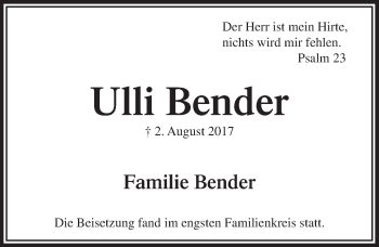 Anzeige von Ulli Bender von  Lokalanzeiger 