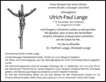 Anzeige von Ulrich-Paul Lange von Kölner Stadt-Anzeiger / Kölnische Rundschau / Express