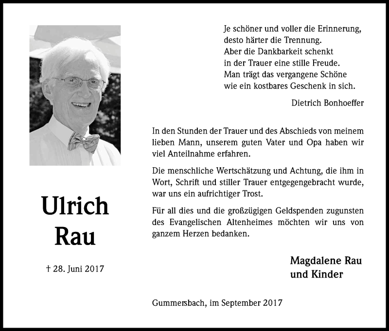  Traueranzeige für Ulrich Rau vom 02.09.2017 aus Kölner Stadt-Anzeiger / Kölnische Rundschau / Express