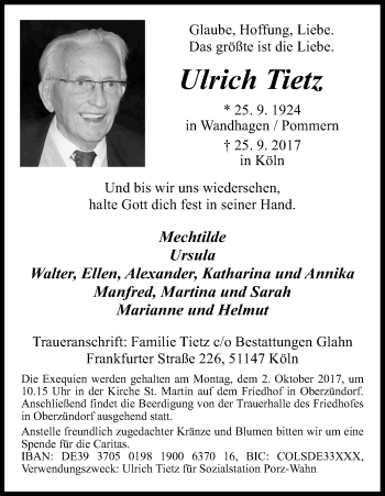 Anzeige von Ulrich Tietz von Kölner Stadt-Anzeiger / Kölnische Rundschau / Express