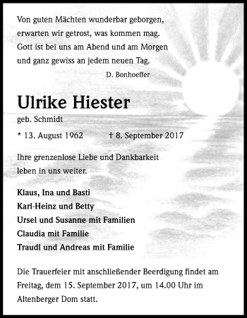 Anzeige von Ulrike Hiester von Kölner Stadt-Anzeiger / Kölnische Rundschau / Express