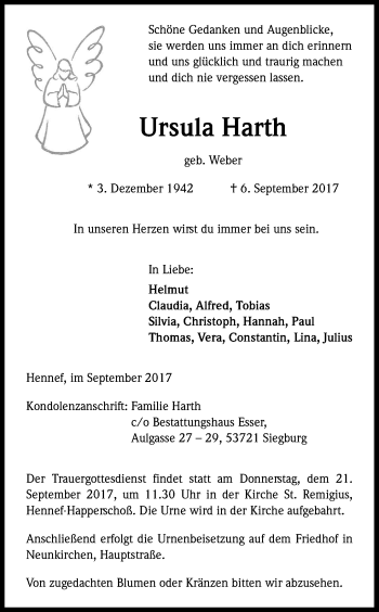 Anzeige von Ursula Harth von Kölner Stadt-Anzeiger / Kölnische Rundschau / Express