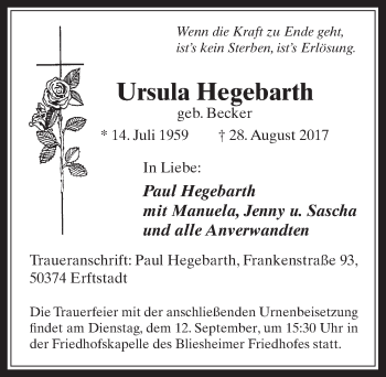 Anzeige von Ursula Hegebarth von  Werbepost 