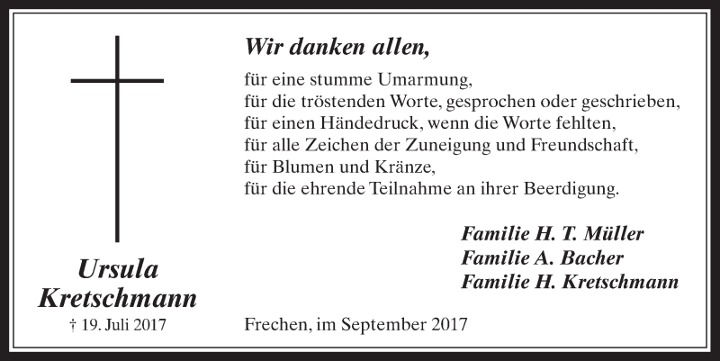 Traueranzeige für Ursula Kretschmann vom 06.09.2017 aus  Wochenende 