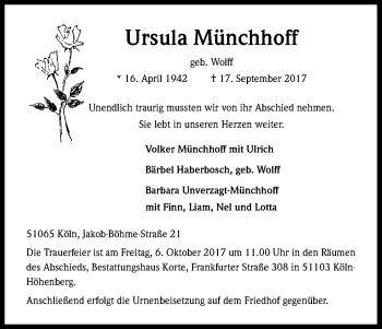 Anzeige von Ursula Münchhoff von Kölner Stadt-Anzeiger / Kölnische Rundschau / Express