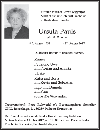 Anzeige von Ursula Pauls von  Sonntags-Post 