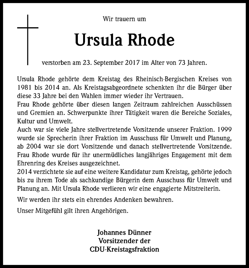  Traueranzeige für Ursula Rhode vom 30.09.2017 aus Kölner Stadt-Anzeiger / Kölnische Rundschau / Express