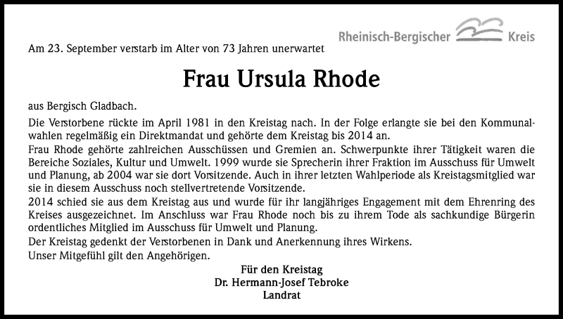  Traueranzeige für Ursula Rohde vom 29.09.2017 aus Kölner Stadt-Anzeiger / Kölnische Rundschau / Express