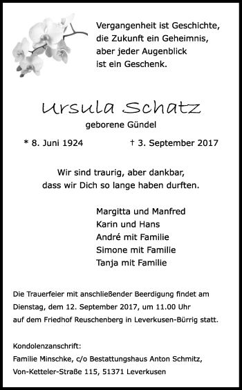 Anzeige von Ursula Schatz von Kölner Stadt-Anzeiger / Kölnische Rundschau / Express