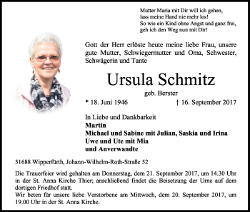 Anzeige von Ursula Schmitz von Kölner Stadt-Anzeiger / Kölnische Rundschau / Express