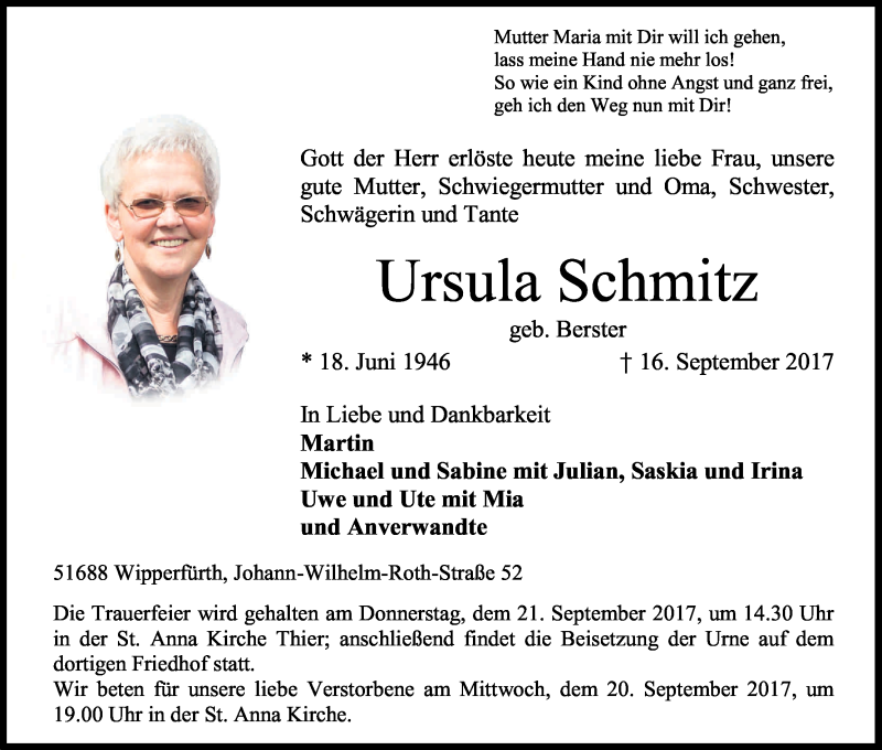  Traueranzeige für Ursula Schmitz vom 19.09.2017 aus Kölner Stadt-Anzeiger / Kölnische Rundschau / Express